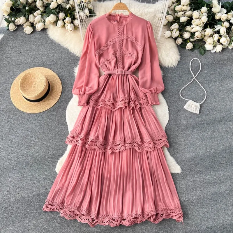 Autumn Vintage Fashion Pleated Women Long Dress Elegant Chic Solid A-Line Party Prom Vestidos Female Birthday Clothes Mujers New