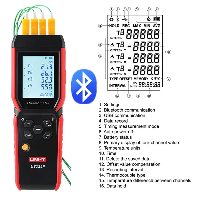 Imagem -02 - Termômetro Digital Canais Temperatura Data Logger k j t e r s n tipo Termopar Tester Termômetro Bluetooth Uni-t-ut325f