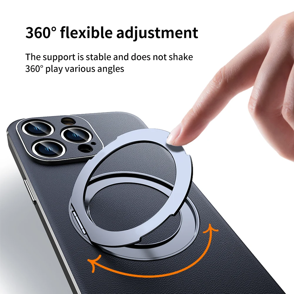 Magnetic Leather Holder Phone Case for Magsafe, Ring Plating Lens Protection, Back Cover, iPhone 15, 14, 12, 13 Pro Max, 15Pro