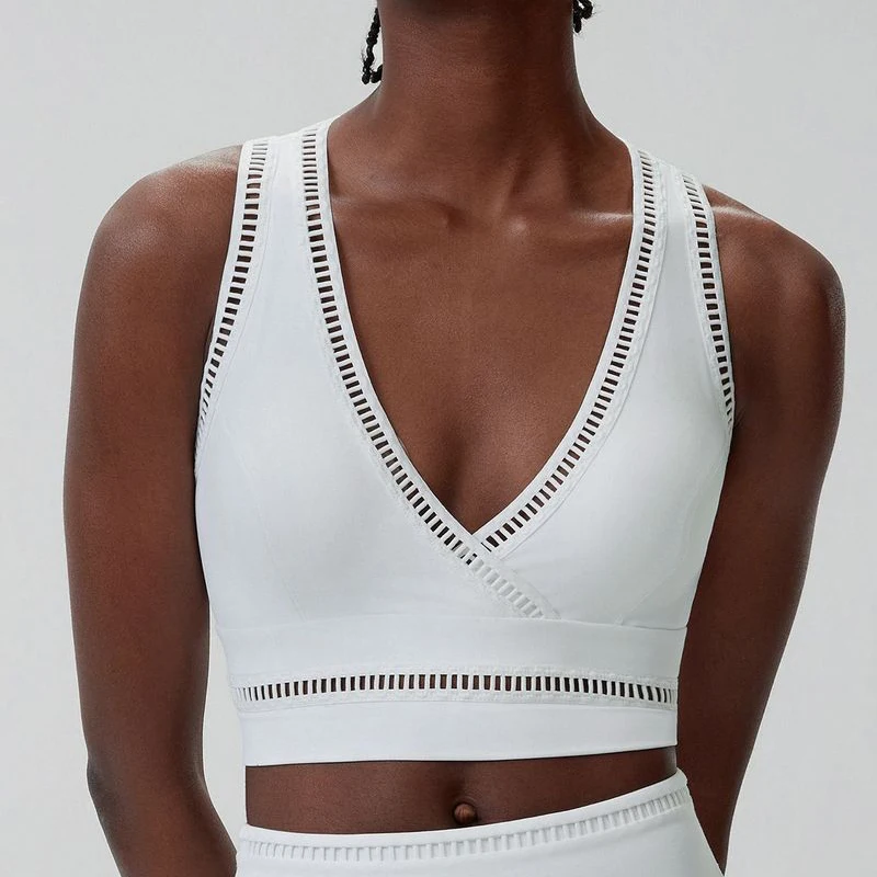 Women High Impact Fitness Yoga Bra Solid Color Deep V-Neckline Sports Underwear Stretchy Breathable Running Vest Workout Clothes