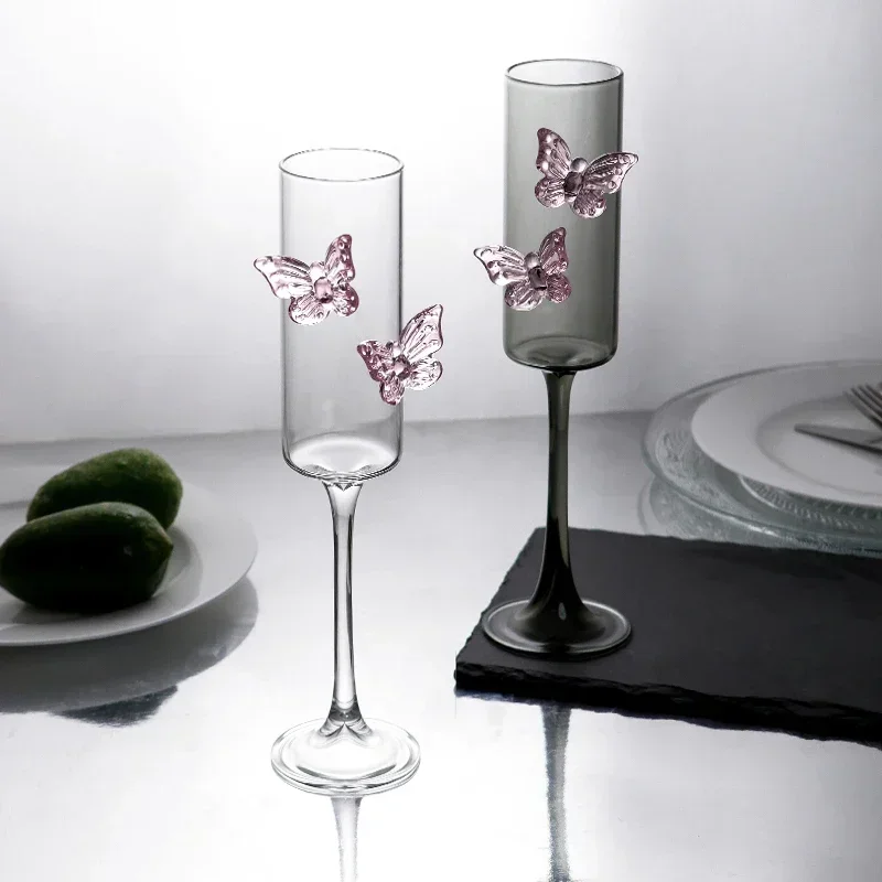 BespritGift, 2 шт., боросиликатное стекло для флейты для шампанского с 3D термоплавким дизайном бабочки, элегантная посуда для бара, подарочная коробка на день рождения и свадьбу