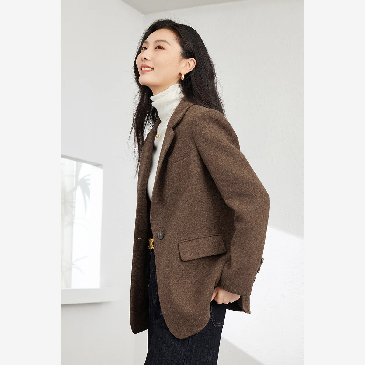 VIMLY سترة قهوة نسائية أنيقة شتاء 2025 معطف نسائي مبطن سميك من مزيج الصوف بأكمام طويلة سترة نسائية M9270