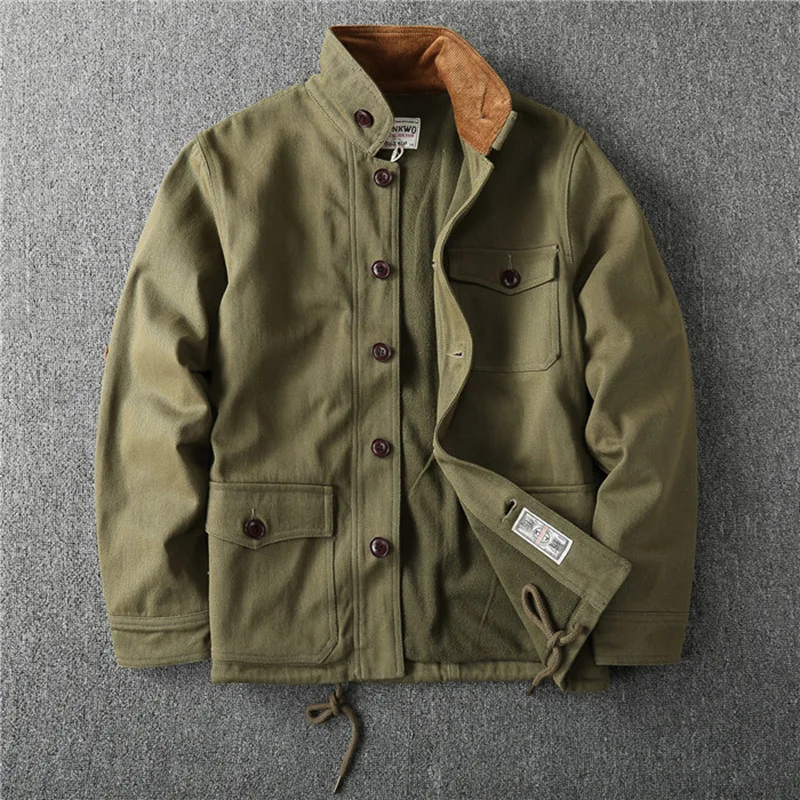 

Retro Men's Thick Winter Outerwear Military Style Multi Pockets Cargo Jacket Solid Color Fleece Warm Outdoor Men Coat