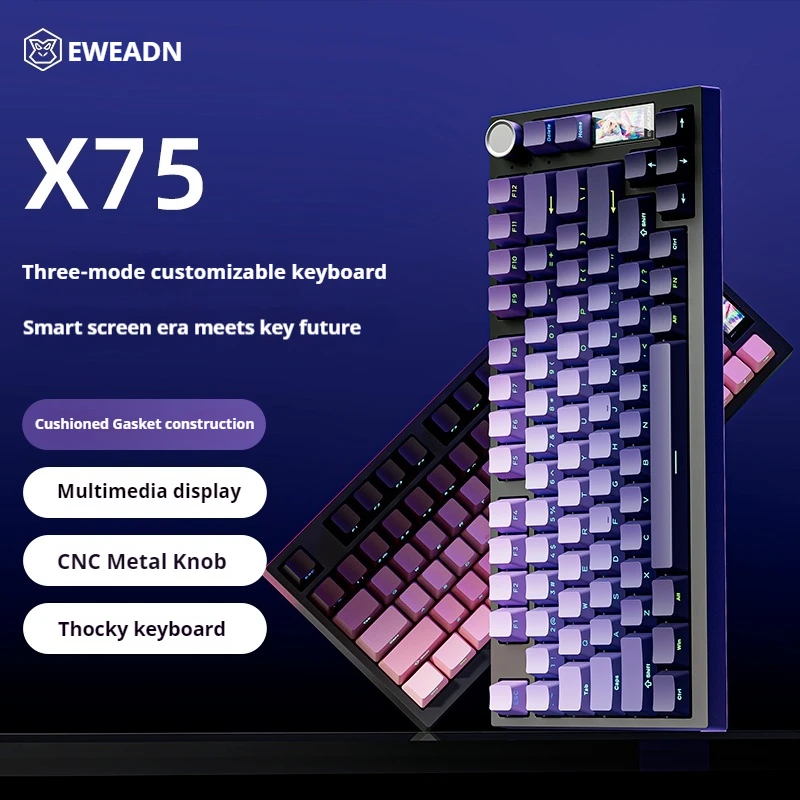 EWEADN X75 Side Engraving Wireless Mechanical Keyboard with Knob with Screen, for Games and Office，for phone,iPad,laptop,desktop