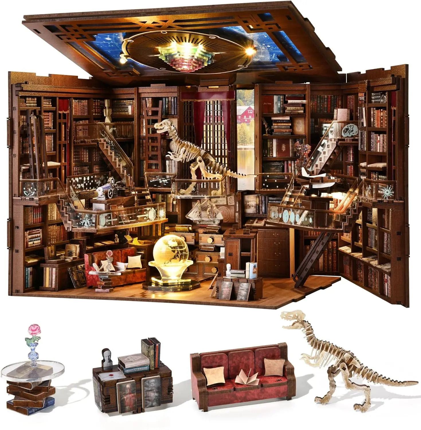 DIY Miniature Book Nook Kit with LED Light And Dust Cover for Dollhouse beyond Library Max 7.1x9.1x7.1 in
