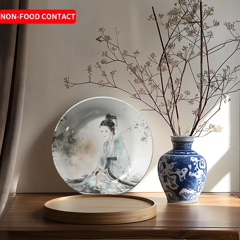 1pc Japanese Ukiyo-e Ceramic Decorative Plate - Traditional Blue Kimono Art, Circular Non-Food Contact Home Decor for Living