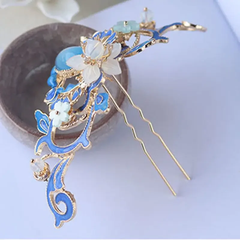 Hanfu Hair Crown Antique Blue Flower Beads Tassel Hair Headdress for Women