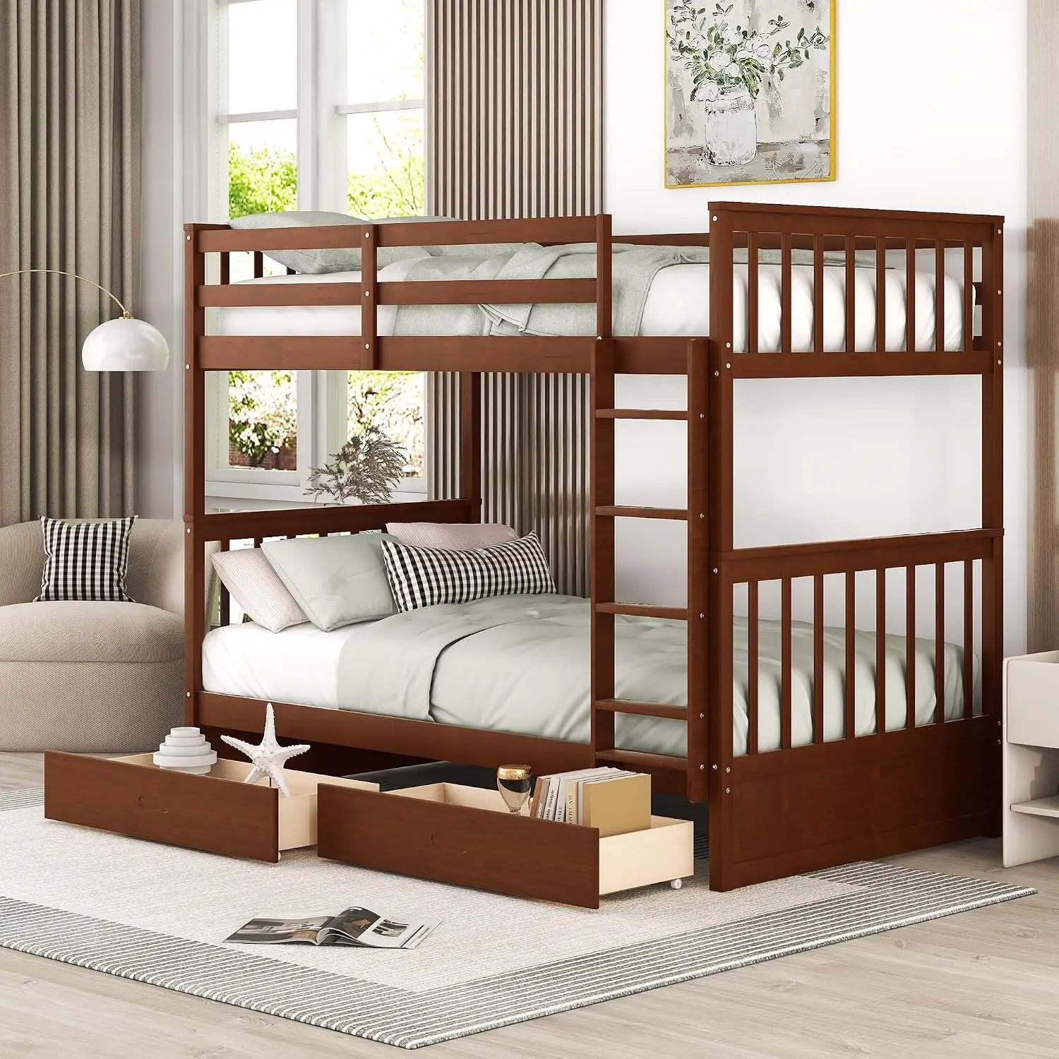 Wood Bunk Bed with Drawers, Twin Over Twin Size Convertible Bunk Bed with Ladders and Two Storage Drawers,Solid, Customized