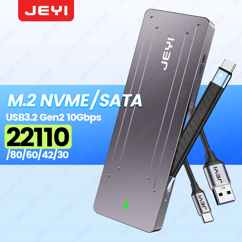 JEYI 22110 M.2 NVME NGFF Enclosure, USB 3.2 Gen2 Type-C 10Gbps SSD Case Support M&B+M Keys 2230/42/2260/2280 With Flat Cable