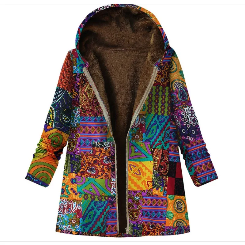 Autumn and Winter New Cotton and Hemp Coat Women\'s Vintage Warm Printing Pocket Thickened Zipper Hooded Coat Coat Coat