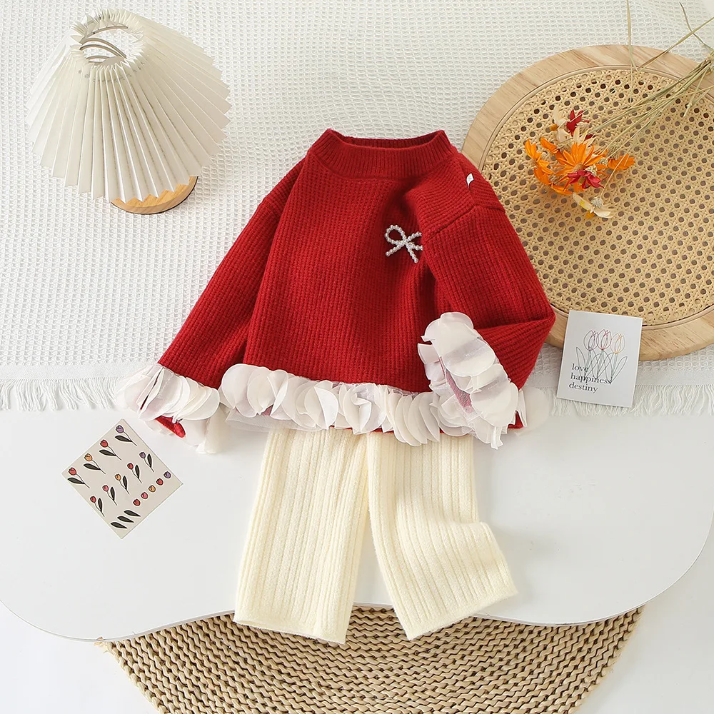 

Children's Clothing Sets Lace Jumper + Wide Leg Pants Knitted Sweater Girls Winter Clothes Christmas Sweater Set Kids Knitwear