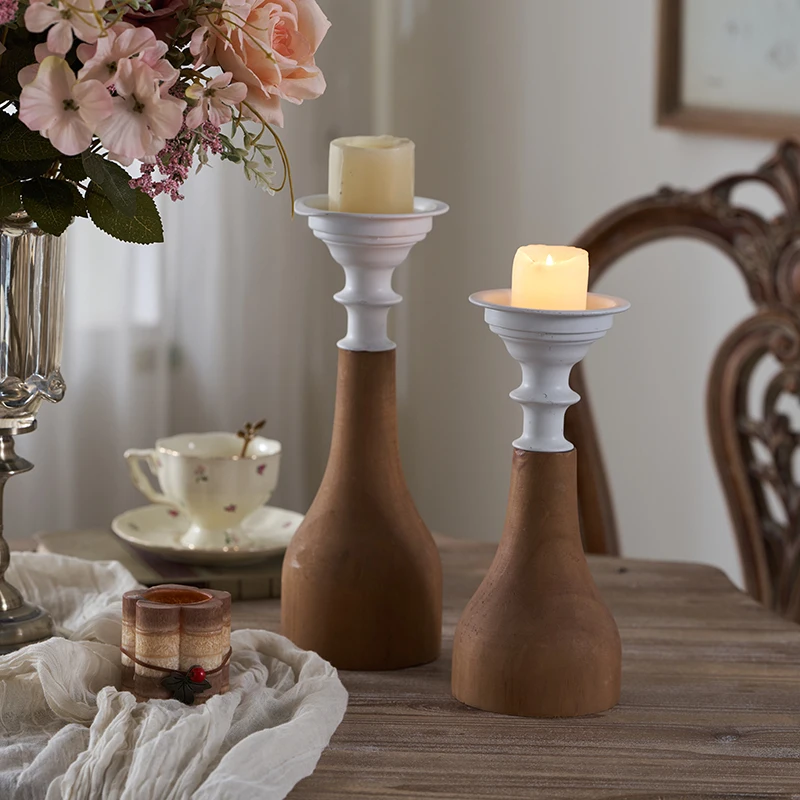 Farmhouse Unique Design Wooden and Metal Round Rustic Candle Holder Wood Decorative Candle Holder for Home Decor