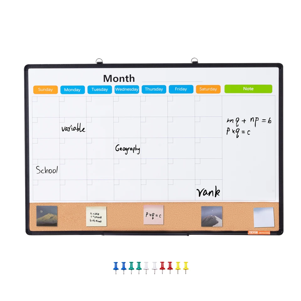 Monthly Calendar Whiteboard Cork Board Combo with Frame