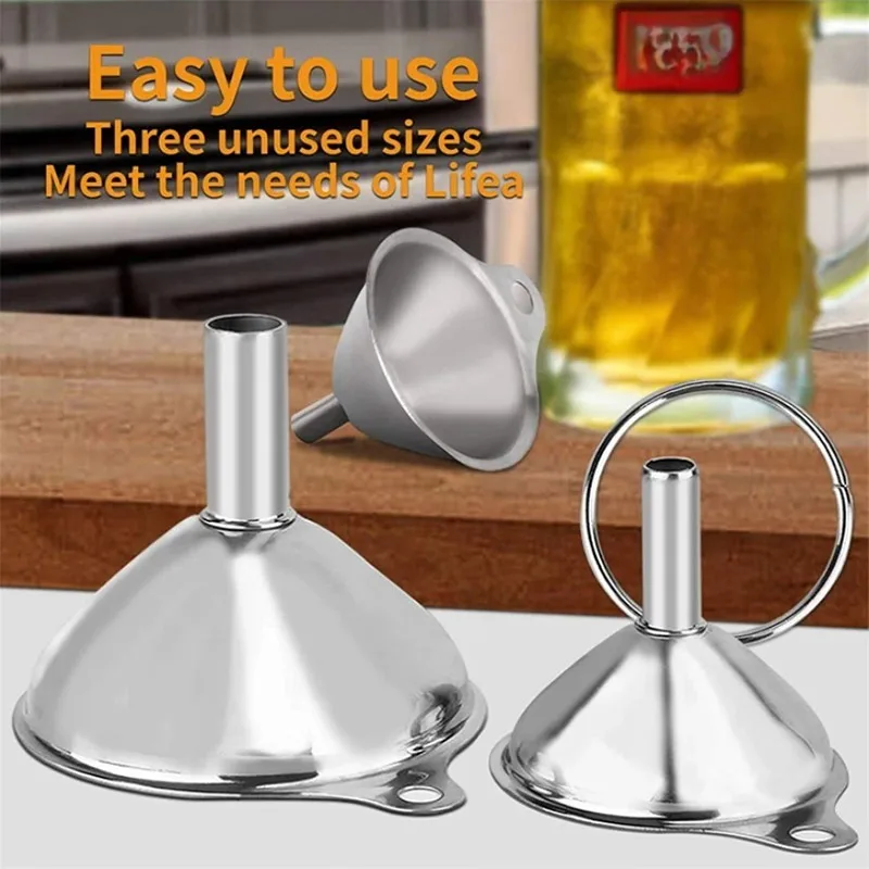 Metal Filling Bottles Funnels Set 3/4/5 Pcs Stainless Steel Kitchen Food Grade Funnels For Oil Spices Fruit Juice With Brush