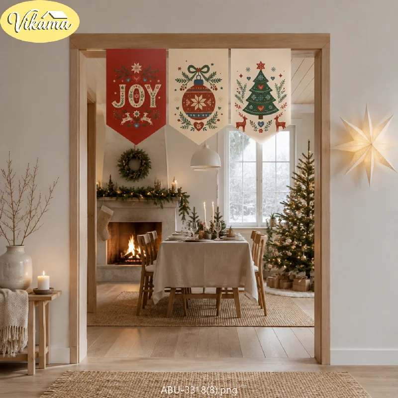 VIKAMA Christmas JOY Pennant Flag Set Bauble Pine Reindeer Scarlet Emerald Cream Doorway Hanging Kitchen Dining Entryway Party