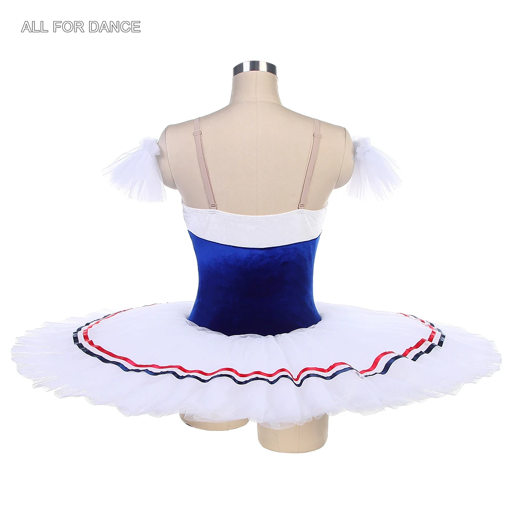 BLL589 ロイヤルブルー/ホワイト ベルベットボディス、ホワイトの硬いチュールチュチュ付き、フラム・オブ・パリのバリエーション用プレプロフェッショナルバレエチュチュ