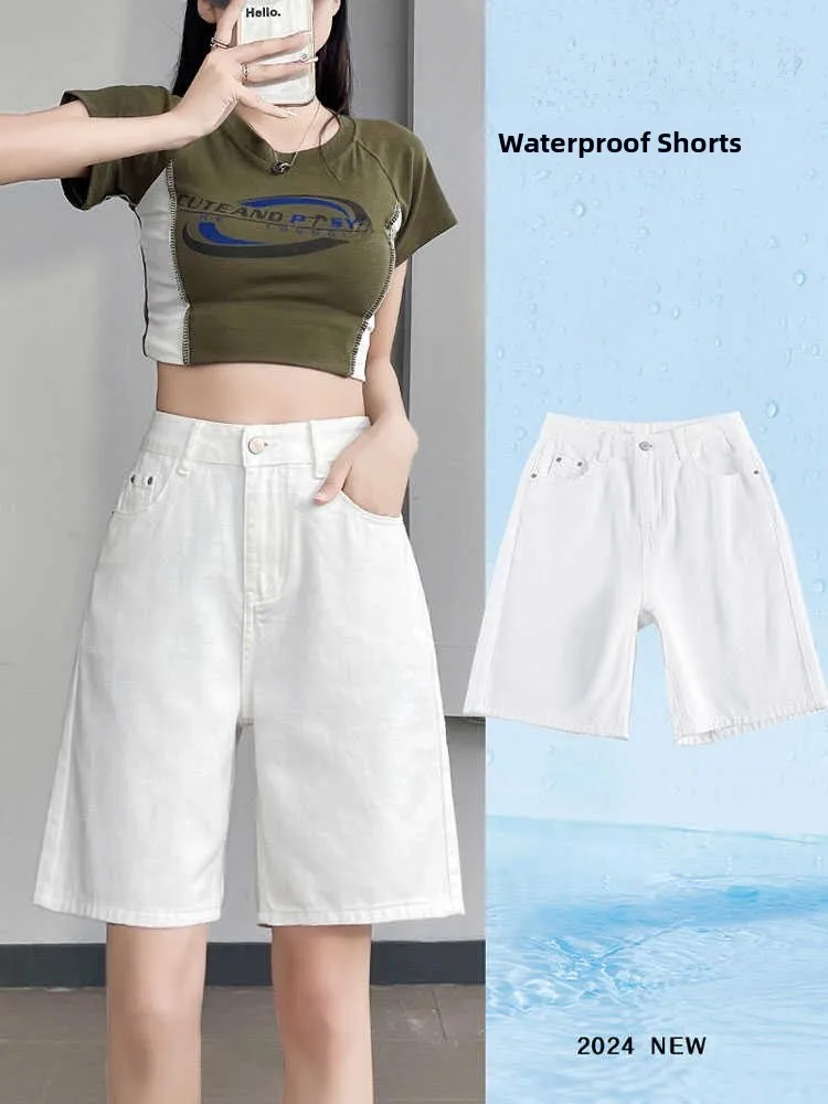 

White High Waist Slimming A-Line Short Jeans Women's Summer Thin Wide Leg Student Five-Point Medium Pants Cotton Stretch Denim