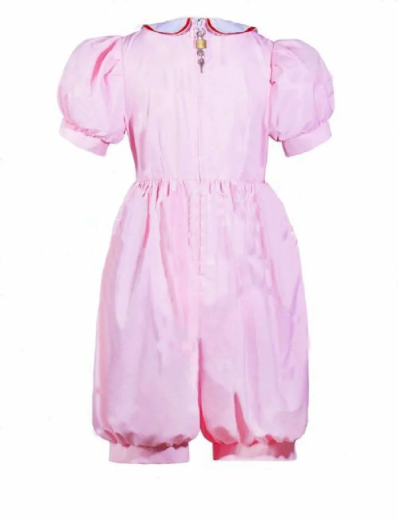 French Adult Sexy Cross Dress Sissy Cropped PVC Lockable Baby Pink Cotton Jumpsuit Jumpsuit Maid  Dress Tailored