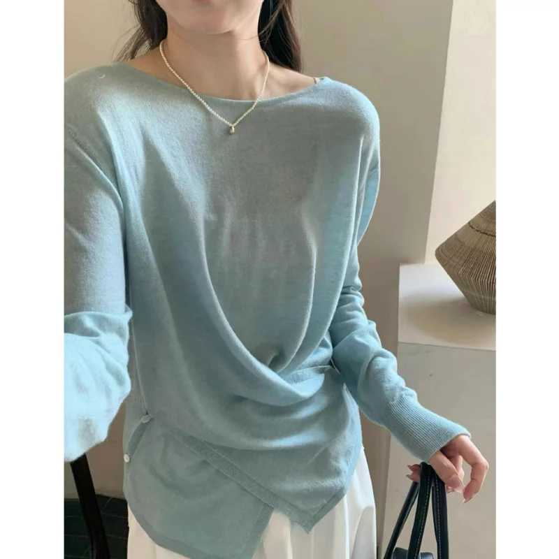 

Spring Thin Knit Tops Cross-design Worsted Wool Women Sweater Waist Slimming Knitted Sunscreen Pullover Round Neck Loose Tees