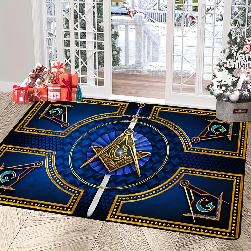 

Ковер с принтом синего золотого масонского символа: компас и квадрат, плюшевый фланелевый коврик для гостиной, спальни, домашнего декора, нескользящий коврик
