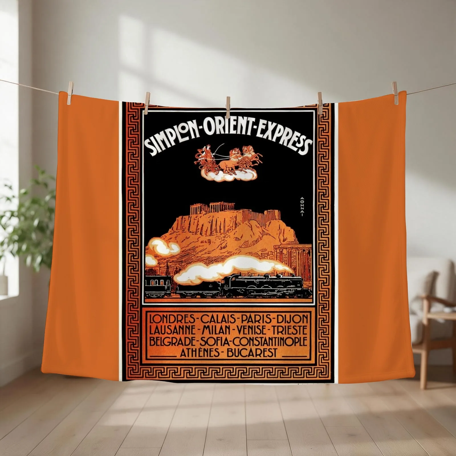 Art Deco Orient Express advertising Athens travel ad Throw Blanket couch cozy soft plush fuzzy picnic outdoor blanket
