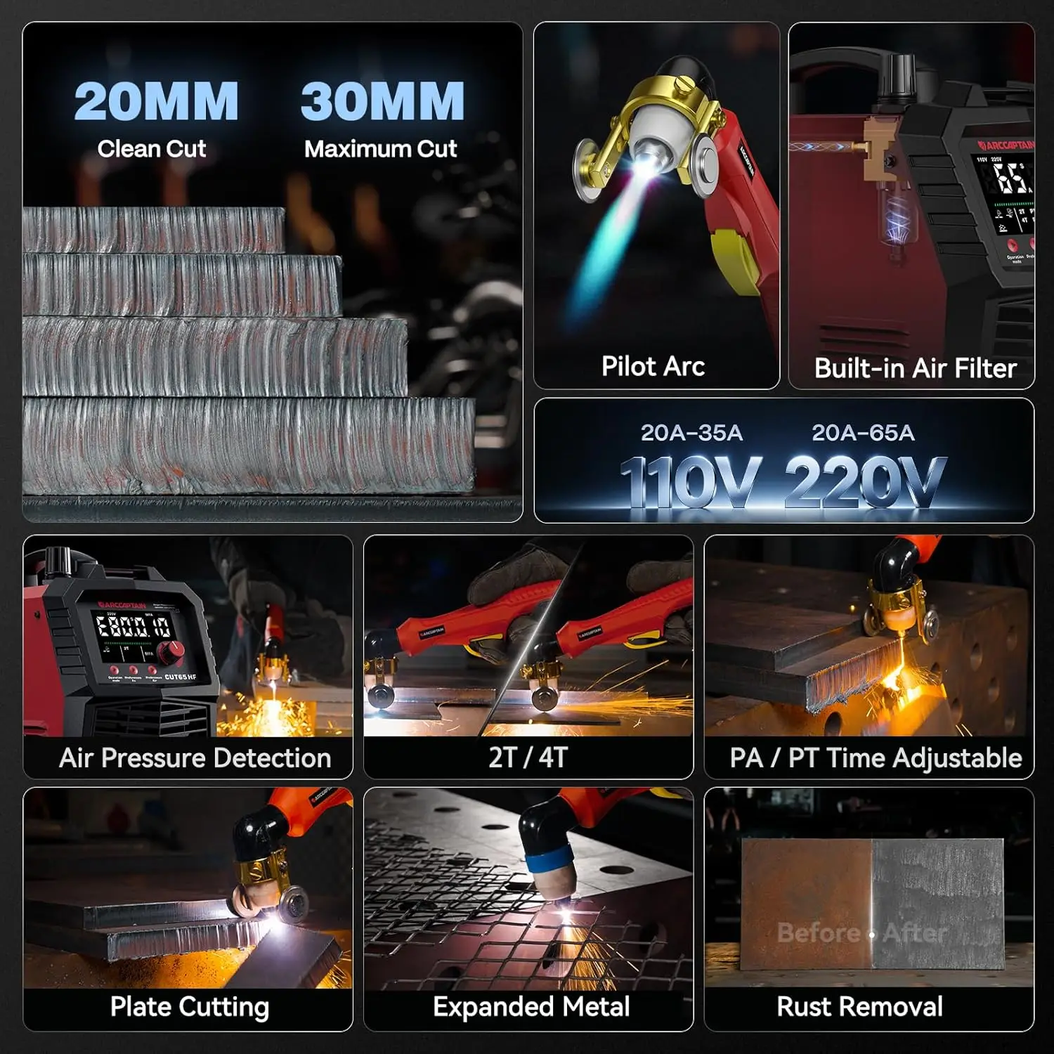 ARCCAPTAIN 65Amp Plasma Cutter with Built-in Air Filter & Large LED Display 110V/220V Cuts 1-1/8
