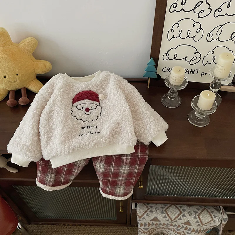 

Girls Santa Claus Plush Sweater 2024 Autumn and Winter New Children's Thickened Sweatshirt Baby Winter Warm Suit