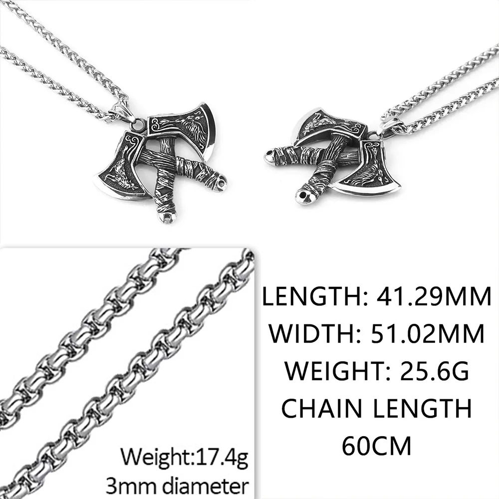 Classic Viking Double Axe Pendant Chain Mens Vintage Stainless Steel Nordic Wolf and Eagle Necklace Amulet Scandinavian Jewelry