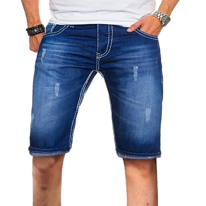 New Summer Men\'s Stretch Ripped Short Jeans Blue Denim Shorts Pants Large Casual Middle Pants