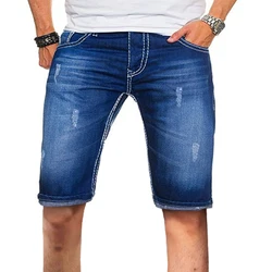 Pantalones vaqueros cortos rasgados elásticos para hombre, pantalones cortos de mezclilla azul, pantalones medianos casuales grandes, verano, nuevo