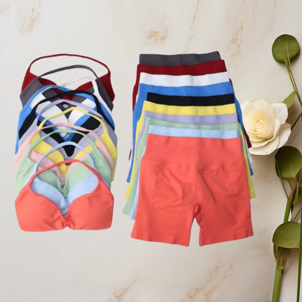 

2PCS Yoga Gym Set Women Seamless Strappy Yoga Bra Top High Waist Workout Scrunch Shorts Sports Suit Fitness Clothes Sportswear