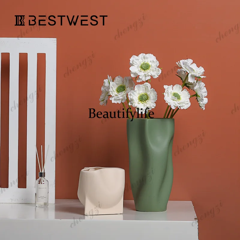 New Chinese-style simple Morandi irregular ceramic vase, home furnishing entrance soft decoration flower pot