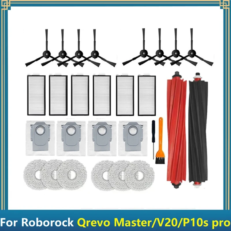 

28PCS Accessories Kit For Roborock Qrevo Master V20 P10S Pro Vacuum Replacement Main Side Brush Filter Mop Dust Bags