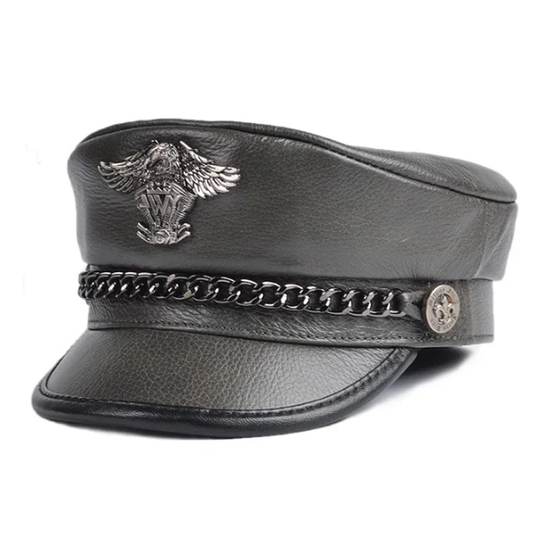 Unisex German Military Cap Punk Man Genuine Leather Flat Top Hat Korean Fashion Eagle Mark Chain  Locomotive Casquette Male