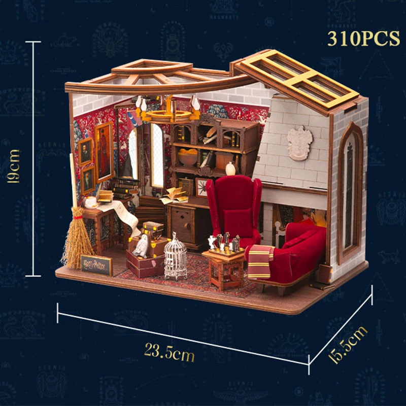 ชุดโมเดลไม้ DIY ขนาดเล็ก ห้องนั่งเล่นกริฟฟินดอร์ ตัวต่อ 3 มิติ บ้านตุ๊กตาพร้อมเฟอร์นิเจอร์และไฟ สำหรับเป็นของขวัญวันเกิดให้เพื่อน