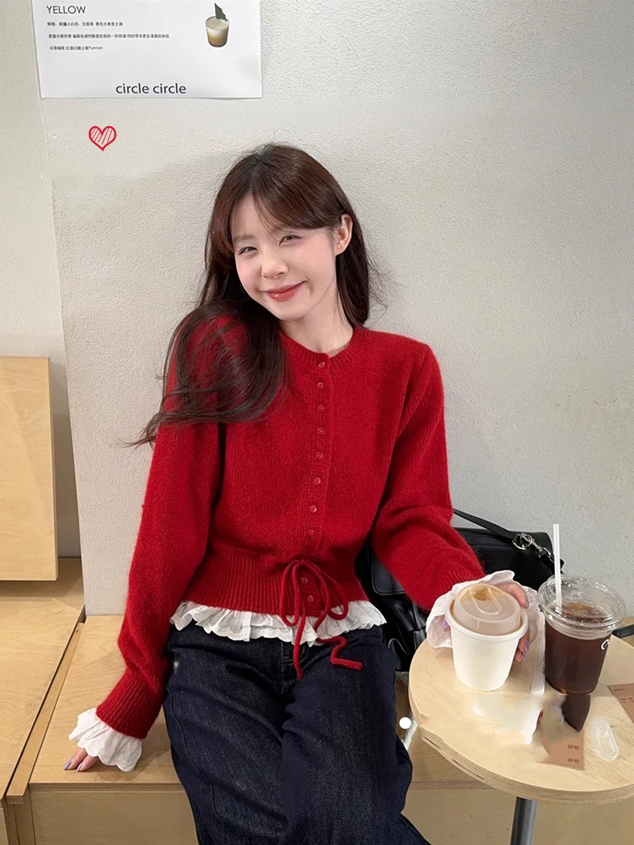 

Нежный стильный свитер с длинными рукавами на шнурке, женский весенне-осенний новый облегающий вязаный топ с талией и кружевом в виде листьев лотоса