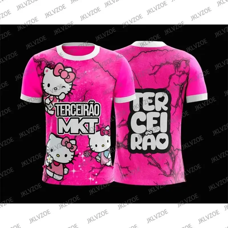 Sanrio Hello KItty 3D-gedrucktes Fußballtrikot, O-Ausschnitt, Sport-T-Shirt, Herren- und Damen-Trainings-T-Shirt, Motorradbekleidung