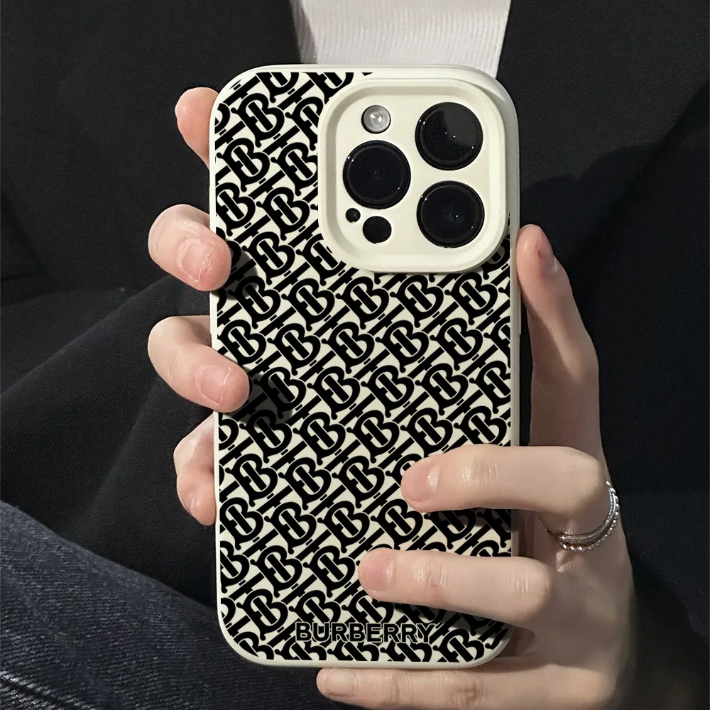 Design B-Burberrys For iPhone 16 15 14 13 12 11 Pro MAX Plus Liquid Silicone Velvet All-Inclusive Soft Phone Case