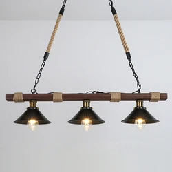 3 Heads Retro Long Solid Wood Chandeliers Industrial Style Hemp Rope Nostalgic Restaurant Lights Kitchen Cafe Bar Pendant Lamp