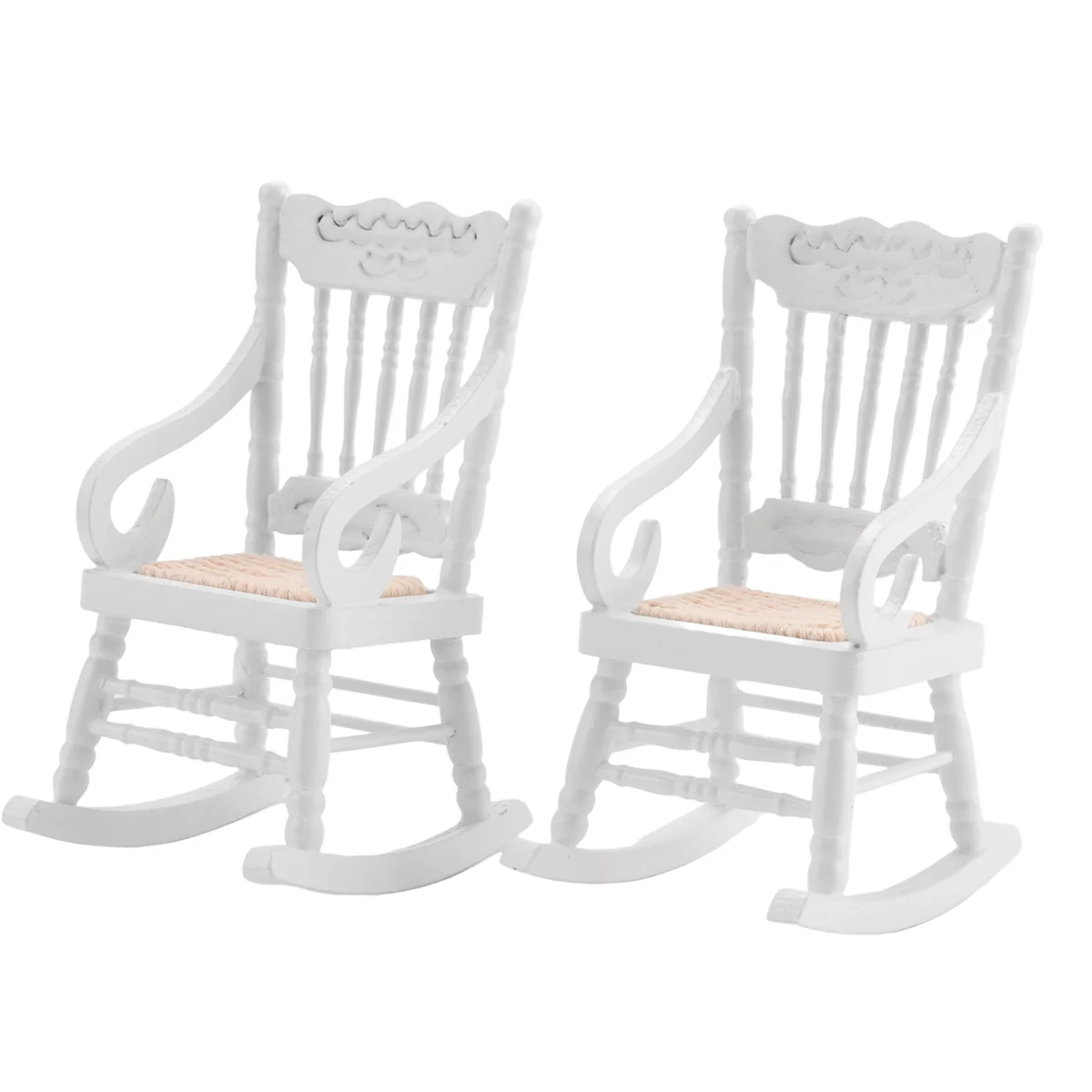 2 Pcs 1:12 Toy Miniature Furniture Wooden Rocking Chairs Toy Accessories for Doll House Decoration,White