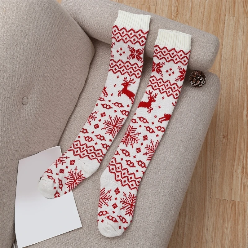 Women Christmas Reindeer Snowflake Knitted Thigh High Stockings Acrylic Fabric Over Knee Long Boot Socks Leg Warmers