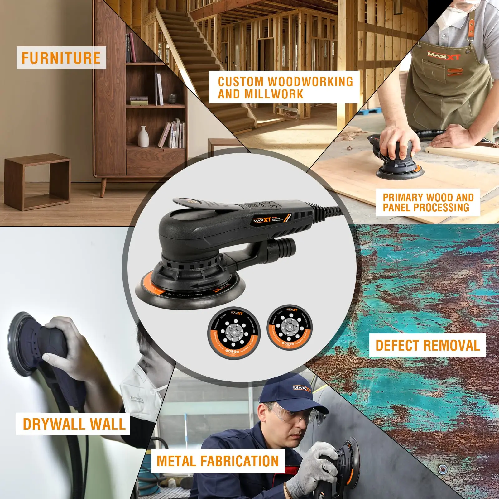 MAXXT 350W Electric Orbital Sander Woodworking Sanding Machine Car Body Polisher Brushless Motor Grinding with 150mm/125mm Pads