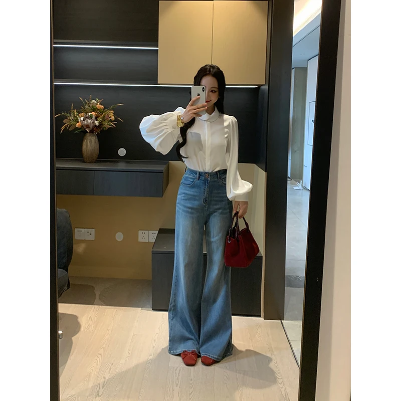 

Spring High Waist Bell Bot Denim Jeans Women's Elastic Slimming Versatile Pants Breathable Comfortable Straight Leg Trousers