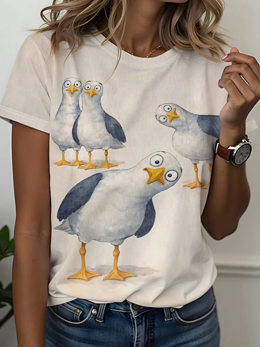 Women's Funny T-Shirt Cartoon Seagull 3D Print Short Sleeve T-Shirts Cute Bird Pattern Round Neck Tops Fashion Women's Clothing