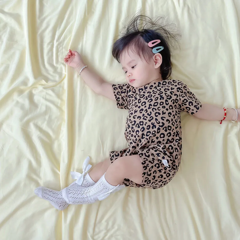 Newborn Kids Baby Boys Girls Clothes Summer Cute Leopard Print Romper Sweet Cotton Jumpsuit Short Sleeve Baby Clothing 0-24M