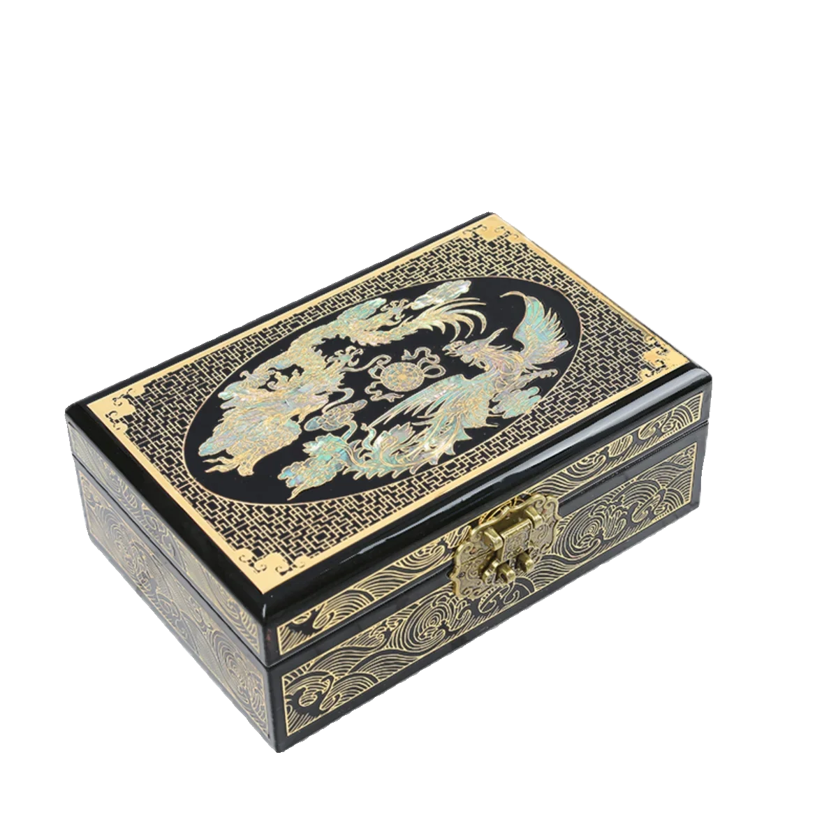 Push light lacquer, snail shell inlaid jewelry box, wooden high-end storage box, Chinese jewelry box with lock.
