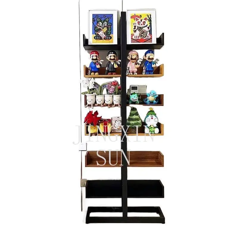 Light luxury wrought iron solid wood bookshelf floor shelf living room multi-layer storage