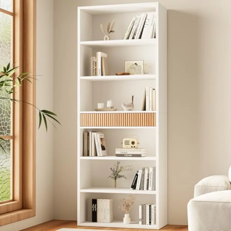 

72 Tall 7-Tier Fluted Bookshelf with Drawer and Anti-tip Device White Wood Bookcase Storage Organizer for Bedroom Living Room O