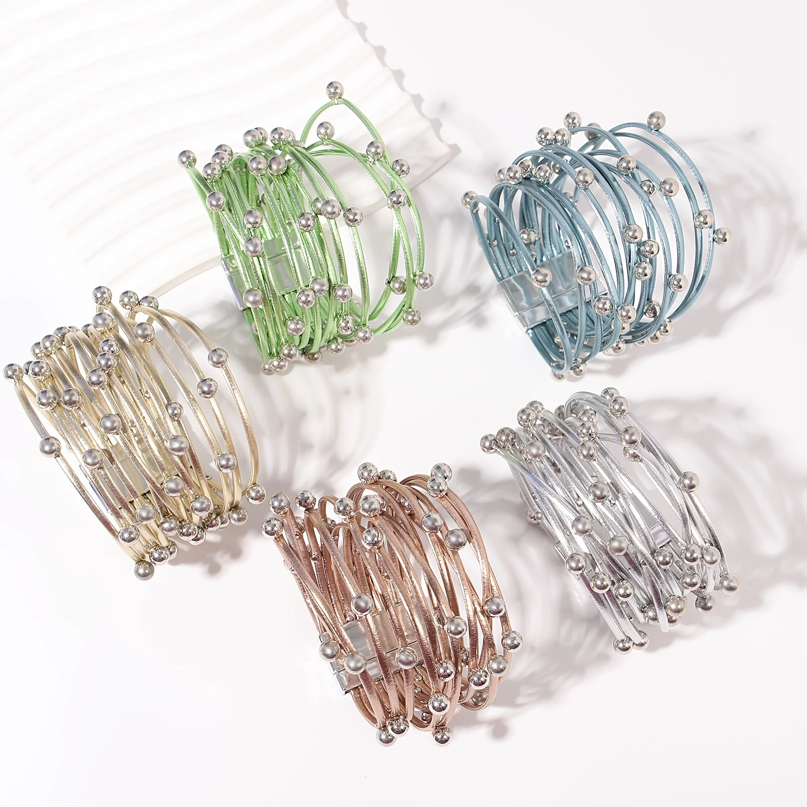 ALLYES Boho Chunky Leather Bracelet for Women Punk Fashion CCB Beads Wrap Multilayer Slim Strips Wide Bracelets Party Jewelry
