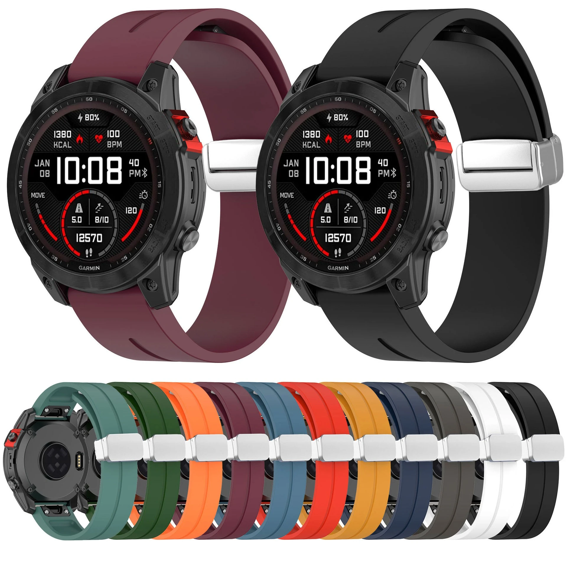 26 22 20mm Magnetic Black Buckle Silicone Strap for Garmin Fenix 7 7X 6X Pro Quick-release Folding Magnetic Buckle Strap
